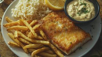 Delicious Fried Fish Plate A Culinary Delight Featuring Crispy Fish, Golden French Fries, Fluffy Rice, and a Zesty Lemon Wedge Served with Creamy Tartar Sauce Perfect for Foodies Seeking a Satisfying photo