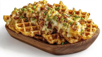 Delicious Golden Brown Waffles Topped with Melted Cheese and Crispy Bacon, a Savory and Sweet Combination Perfect for Breakfast, Brunch, or a Satisfying Snack, Featuring a Close-Up View Highlighting photo