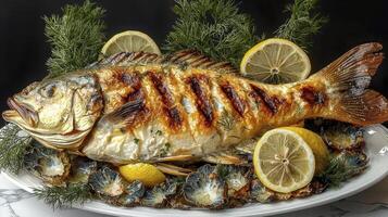 Delicious Grilled Fish Recipe A Culinary Masterpiece Showcasing Fresh Ingredients and Expert Grilling Techniques Perfectly Cooked Fish Garnished with Zesty Lemon Slices and Aromatic Herbs, Served on photo