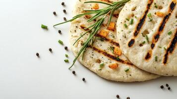 Delicious Grilled Flatbread with Fresh Herbs A Close-Up View Showcasing Texture, Color, and Culinary Appeal Perfect for Food Blogs, Restaurant Menus, and Recipe Websites Explore the artistry of food photo