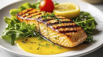 Delicious Grilled Salmon Fillet on a Bed of Fresh Arugula, Garnished with Lemon and Tomato A Vibrant Food Photography Showcase, Highlighting the Rich Colors and Textures of Healthy Eating Perfect for photo