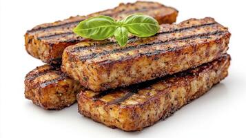 Delicious Grilled Tempeh Stack with Fresh Basil Garnish A High-Protein Vegetarian and Vegan Food Option, Perfect for Healthy Eating and Plant-Based Diets, Showcasing its Versatility as a Meat photo