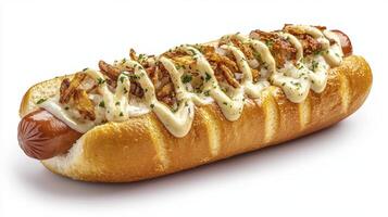 Delicious Hot Dog Delight A Close-Up of a Gourmet Frankfurter with Crispy Fried Onions, Creamy Sauce, and Fresh Parsley Sprinkles on a Soft, Fluffy Bun, Perfect for Food Photography, Recipe photo