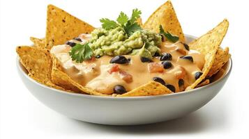 Delicious Homemade Nachos A Perfect Snack or Appetizer for Any Occasion, featuring Crispy Tortilla Chips Topped with Melted Cheese, Black Beans, Fresh Guacamole, and a Sprinkling of Cilantro Enjoy photo