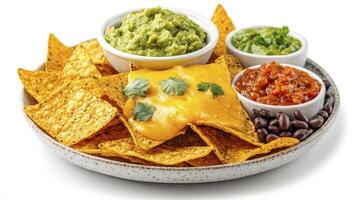 Delicious Nachos Platter with Guacamole, Salsa, and Melted Cheese A Vibrant Close-Up Shot Perfect for Food Blogs, Restaurant Menus, and Social Media Posts Showcasing Authentic Mexican Cuisine with photo