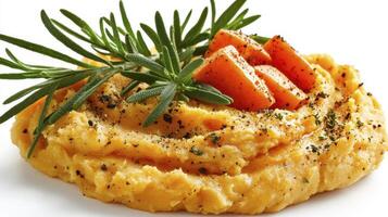 Delicious Homemade Carrot and Rosemary Puree Recipe A vibrant and healthy dish featuring creamy carrot puree adorned with fresh rosemary sprigs and diced carrots Discover the simple steps to create photo