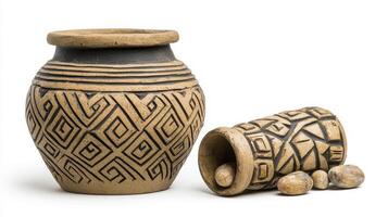 Discover intricately designed pottery with captivating geometric patterns and artisanal craftsmanship Explore the beauty of ancient traditions through this stunning still life composition Perfect for photo