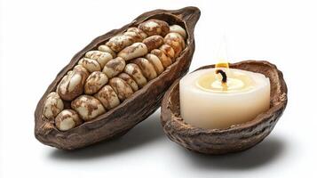 Discover serenity and warmth with this captivating still life image featuring a halved cocoa pod overflowing with raw cocoa beans, elegantly juxtaposed with a softly glowing candle nestled within photo