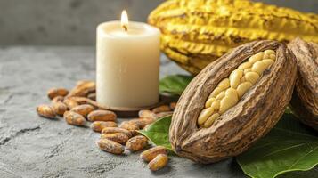 Discover the allure of cocoa beans with this captivating image showcasing a meticulously crafted arrangement featuring raw cocoa pods, aromatic cocoa beans, and the gentle glow of a candle, evoking a photo