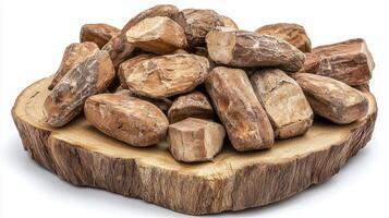 Discover the beauty of petrified wood on a rustic wooden slice Explore ancient fossils, showcasing unique patterns, textures, and earthy tones A captivating natural composition, ideal for geological photo