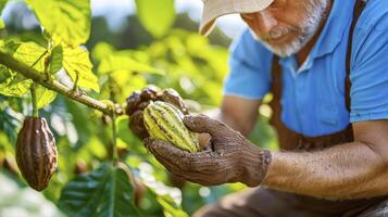 Discover the art of cocoa cultivation with this captivating image showcasing a farmer carefully inspecting a fresh cacao pod on the tree, highlighting the journey from bean to bar, symbolizing photo