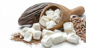 Discover the Creamy World of Cocoa Butter A close-up shot showcasing the rich, natural, and moisturizing properties of cocoa butter alongside cocoa pods and raw ingredients This image captures the photo