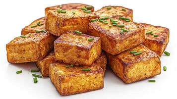 Discover the culinary delight of perfectly pan-fried tofu cubes, a versatile and healthy protein source ideal for vegetarian and vegan diets Explore the textures and flavors of this plant-based dish photo