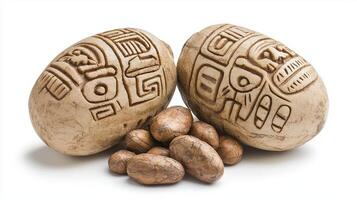Discover the Enigmatic World of Ancient Artifacts Two Carved Seed Pods or Gourds Adorned with Intricate Indigenous Designs, Possibly from South America, Resting Alongside a Pile of Small, Smooth photo