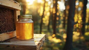 Discover the Golden Elixir A Captivating Image of Natural Honey Harvested from the Heart of the Forest, Showcasing its Rich Color, Viscosity, and Purity Explore the Intricate Details of the Honeycomb photo