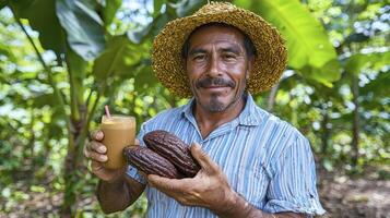Discover the heart of sustainable farming with this captivating image of a cocoa farmer proudly displaying freshly harvested cocoa pods and a delightful cocoa drink, showcasing the vibrant traditions photo