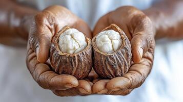 Discover the Natural Beauty and Nourishing Power of Shea Butter A Close-Up Look at Raw Shea Nuts Held in Caring Hands, Showcasing Their Rich Texture and Potential for Skincare, Health, and Wellness photo