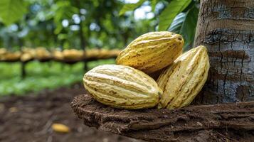 Discover the rich flavors of the cacao pod A vibrant close-up showcasing the fresh, raw cocoa beans before they're transformed into delectable chocolate treats Explore the journey from tree to bar photo