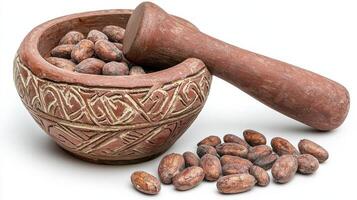Discover the rich world of cocoa beans with this captivating image Explore the textures of the cocoa beans, the earthy tones of the rustic bowl, and the craftsmanship of the pestle Perfect for food photo