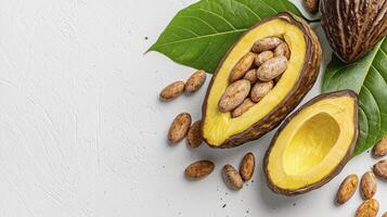 Discover the rich world of cocoa with this captivating image, showcasing fresh cocoa pods cut in half revealing the raw cocoa beans, surrounded by scattered beans and vibrant green leaves, perfect photo