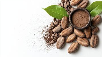 Discover the Richness of Cocoa A Visual Journey Through Beans, Powder, and Leaves Explore the natural beauty and health benefits of this treasured ingredient Perfect for blogs, recipes, or showcasing photo