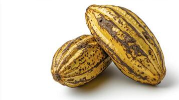 Discover the Richness of Cocoa Two Freshly Harvested Cocoa Pods Displayed in Natural Light Ideal for use in advertising materials for confectioneries, chocolate companies, or agricultural businesses photo