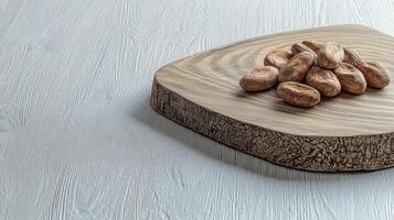 Discover the Richness of Cocoa Beans A Close-Up View of Raw, Unprocessed Chocolate Seeds Resting on a Natural Wood Cutting Board, Perfect for Illustrating Chocolate Making, Healthy Eating, Gourmet photo