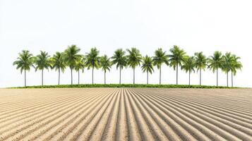 Discover the serene beauty of a tropical paradise with our captivating image, showcasing a row of elegant palm trees gracefully lining a golden sandy beach, capturing the essence of tranquility and photo