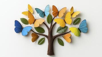 Discover the whimsical charm of a handcrafted tree adorned with vibrant, colorful butterflies, a delightful fusion of nature and artistry This captivating image showcases a miniature tree photo