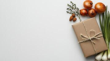 Elegant Still Life A brown paper package tied with string rests beside fresh onions, green scallions, sprigs of thyme, and almonds, showcasing a rustic and organic aesthetic This composition evokes photo