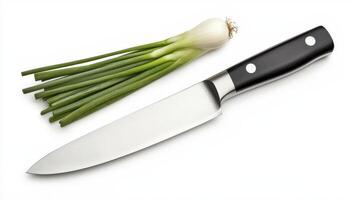 Elevate your culinary creations with our high-resolution image showcasing a fresh scallion, or green onion, paired with a sharp kitchen knife Perfect for food blogs, cooking websites, or recipe photo