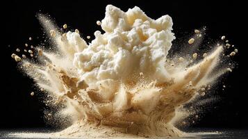 Explore a captivating image of a dramatic explosion of white powder against a stark black background, a visual spectacle that encapsulates motion, energy, and ephemeral beauty This stunning photo