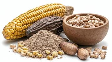Explore a vibrant still life showcasing the bounty of nature's harvest, featuring golden corn, rich cocoa bean, nutritious grains, and wholesome seeds, presented in a rustic wooden bowl and earthen photo
