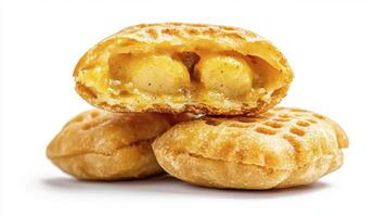 Explore golden-brown deliciousness with this captivating image of freshly baked egg waffles, showcasing their irresistible crispy exterior and fluffy interior Delight in the texture of these photo
