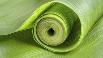 Explore the captivating world of textured elegance with this close-up photograph, showcasing the mesmerizing patterns and soothing green hues of a rolled leaf, perfect for adding a touch of natural photo