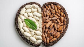 Explore the Raw and Roasted A Visual Journey Through Cocoa Beans and the Heart of Chocolate Making, Witnessing the Transformation from Fresh, White Cocoa Seeds to the Rich, Brown Roasted Beans in photo