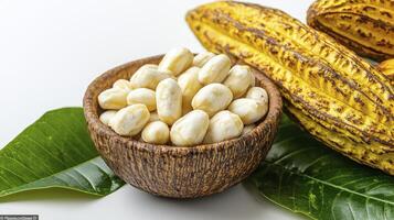 Explore the rich textures and earthy tones of this captivating image showcasing fresh cocoa beans nestled in a rustic wooden bowl, complemented by vibrant green leaves and a whole cocoa pod Discover photo