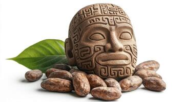 Explore the mystical allure of ancient civilizations with this captivating image showcasing a weathered stone sculpture, reminiscent of Mayan or Aztec artistry, surrounded by raw cocoa beans and a photo