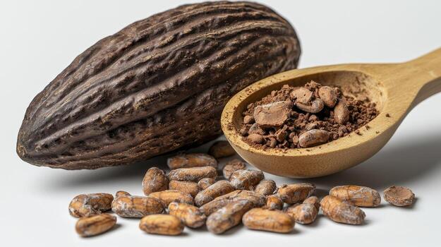Explore the rich and captivating world of cacao with this stunning image showcasing the raw bean, fragrant powder, and delicious nibs, each element a testament to the journey from tropical fruit to photo