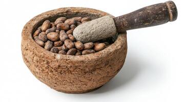 Explore the rich, earthy tones of raw cocoa beans nestled within a rustic stone mortar and pestle, evoking the essence of traditional chocolate making This captivating image showcases the natural photo