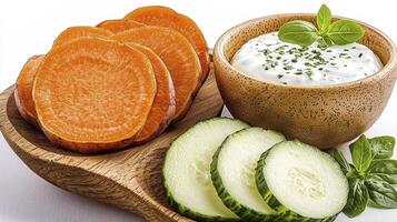Explore the Vibrant Palette of Nature's Bounty A Captivating Still Life Photograph Showcasing Fresh Carrots, Crisp Cucumbers, and a Creamy Dip, Perfectly Arranged on a Rustic Wooden Board A photo