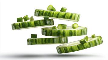 Floating Cucumber Slices A Fresh and Vibrant Still Life Depicting the Beauty of Healthy Eating Explore the Crisp Texture and Refreshing Taste of Cucumber in This Artistic Arrangement, Perfect for photo