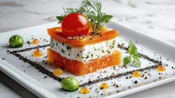Exquisite Culinary Presentation A Close-Up of Salmon, Cream Cheese, and Tomato Stack on a White Plate Perfect for Food Blogs and Restaurant Menus, Showcasing the Artistry and Precision of Fine Dining photo