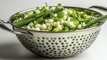 Fresh green onions chopped and ready in a stainless steel colander on white background, capturing natural light and kitchen prep, culinary delights and healthy eating, focusing on food photography photo