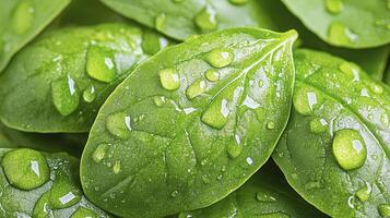 Fresh Green Spinach Leaves with Water Droplets A Vibrant Macro Image Showcasing Nature's Beauty and the Essence of Healthy Eating Explore the Intricate Details and Rich Textures of These Leafy photo