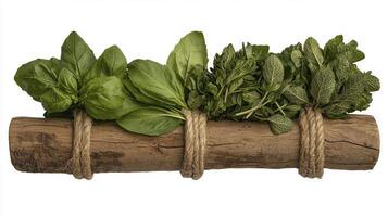 Fresh Herbs Bundle Stock Photo Discover vibrant bundles of basil, arugula, rosemary, and spinach delicately tied with rustic twine, resting upon weathered wood Perfect for culinary enthusiasts, food