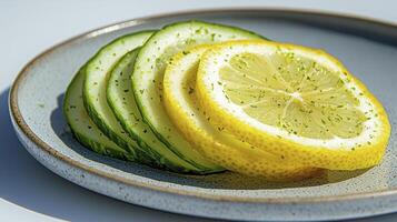 Fresh Sliced Cucumber and Lemon on Plate A Refreshing Still Life Composition, Featuring Vibrant Colors, Natural Light, and a Clean Aesthetic Perfect for Health, Wellness, Food, and Diet-related photo