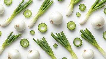 Fresh Spring Onions A Vibrant Composition of Nature's Bounty, Showcasing the Crisp Green Stalks and Delicate White Bulbs, Perfect for Culinary Creations and Visual Delight This Image Captures the photo