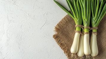 Fresh Spring Onions on Burlap A Culinary Delight and Healthy Ingredient Discover the Vibrant Greens and Crisp Whites of These Seasonal Vegetables, Perfect for Salads, Soups, and Stir-Fries Explore photo