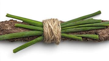 Freshly Harvested Chives Tied with Natural Twine on Rustic Bark A Culinary Delight Depicting Organic Herb Gardening and Flavorful Kitchen Ingredients, Perfect for Health Conscious Cooking photo